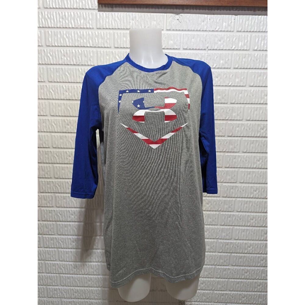 Under Armour Men's Blue & Gray Small Baseball USA ¾ Sleeve Raglan T-Shirt